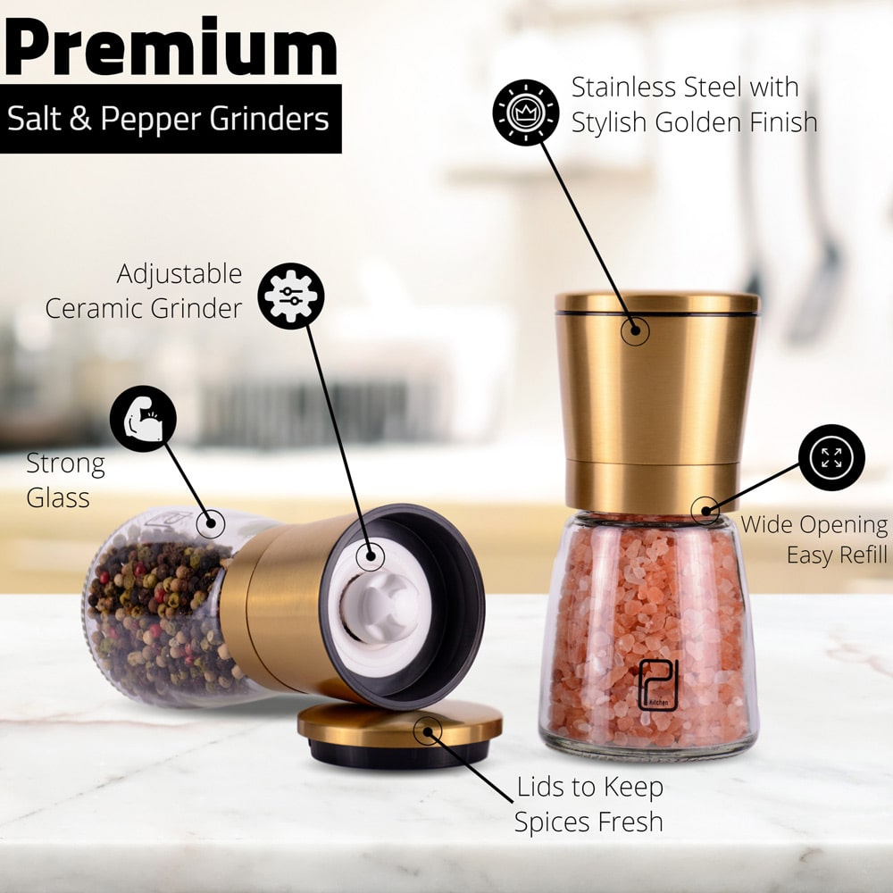 Premium Salt and Pepper Grinder Set - Best Copper Stainless Steel Mill for  Home Chef, Magnetic Lids, Smooth Ceramic Spice Grinders with Easy